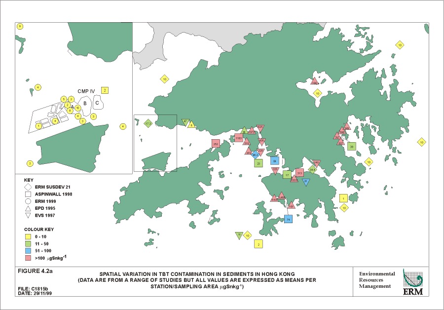 Figure 4.2a Spatial Variation in Tbt Contamination in Sediments in Hong Kong